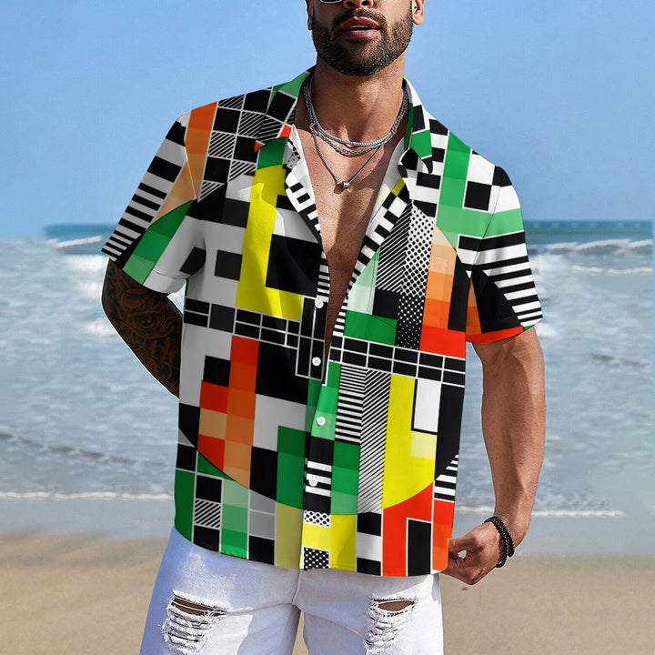 Geometric Mosaic Colorful Linen Short Sleeve Shirt 2409009638