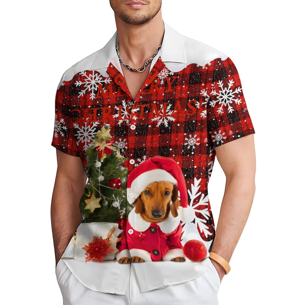 Dachshund Christmas Plaid Print Short Sleeve Shirt 2410003794