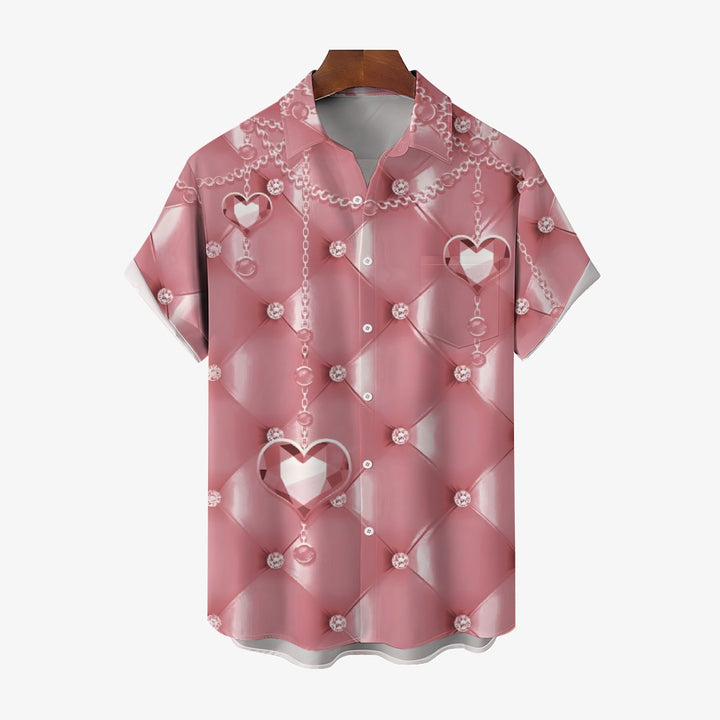 Men's Pink 3d Heart Decorative Print Short Sleeve Shirt 2412008507