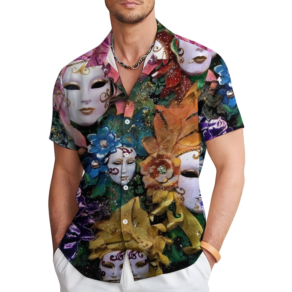 Mardi Gras Mask Print Casual Short Sleeve Shirt 2412007833