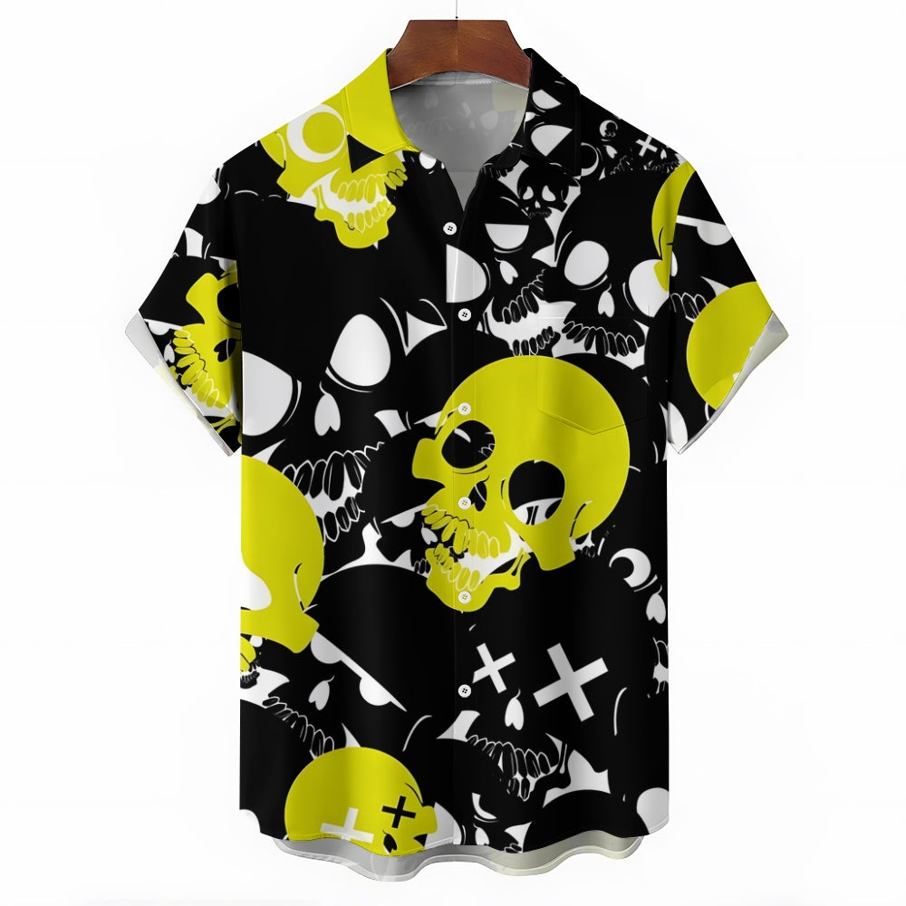 Skull Contrast Print Chest Pocket Short Sleeve Shirt 2411006340