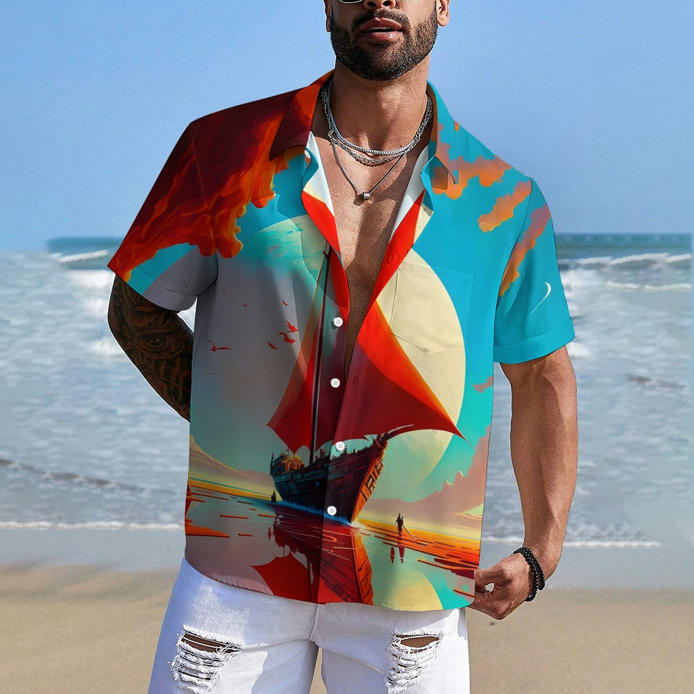 Sailboat Landscape Print Casual Short Sleeve Shirt 2405000464