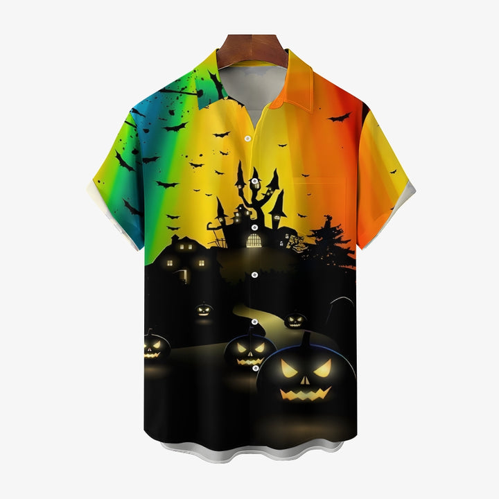 Halloween Castle Print Rainbow Casual Short Sleeve Shirt 2408007709