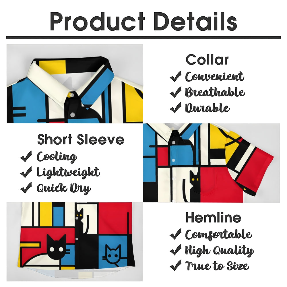 Geometric Cat Color Block Casual Short Sleeve Shirt 2409002486