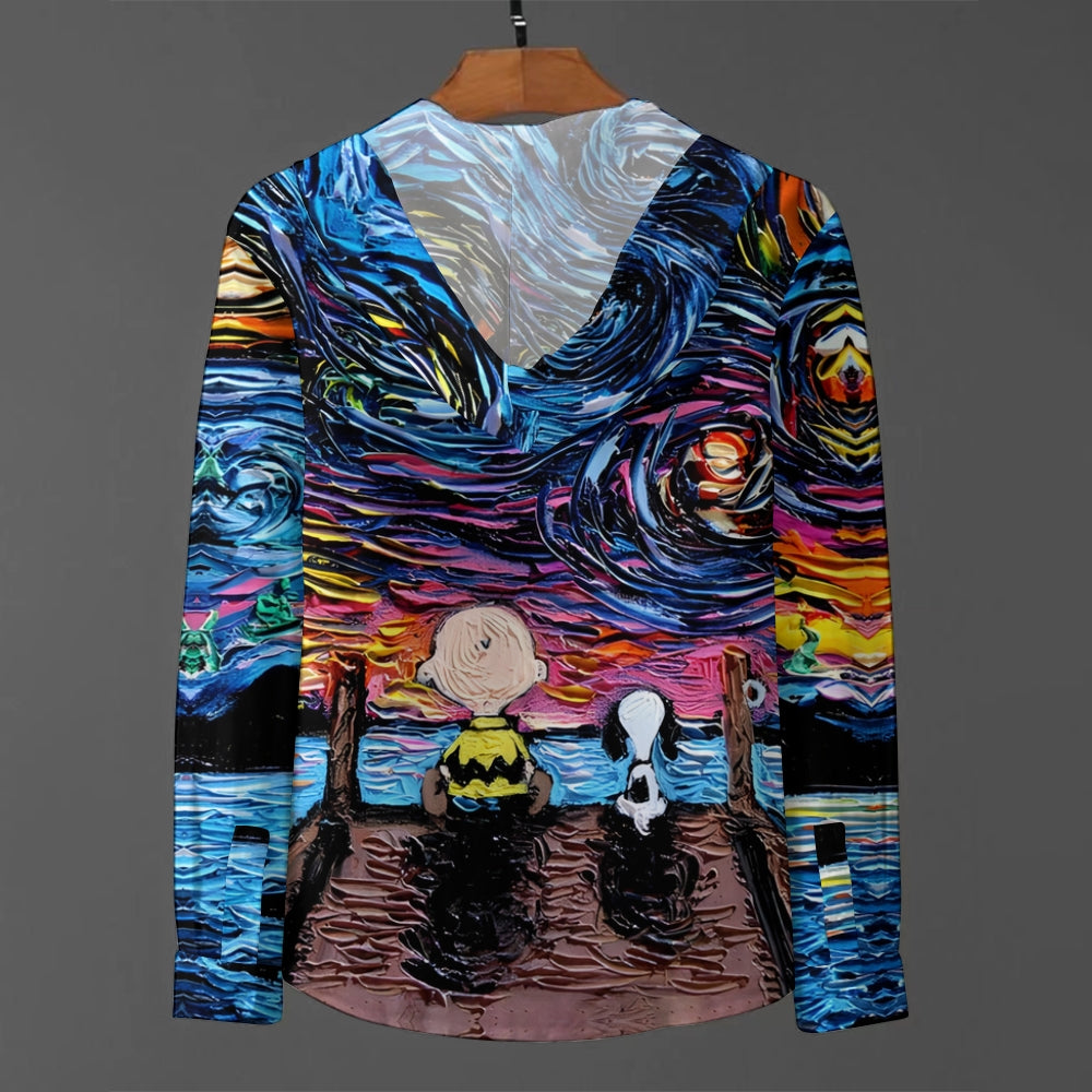 Starry Sky Cartoon Character Hooded Half-Open Long-Sleeved Shirt