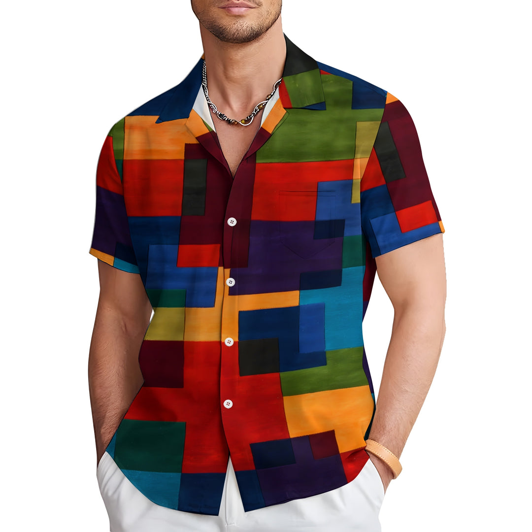 Men's Retro Geometric Print Button Pocket Short Sleeve Shirt 2403000741