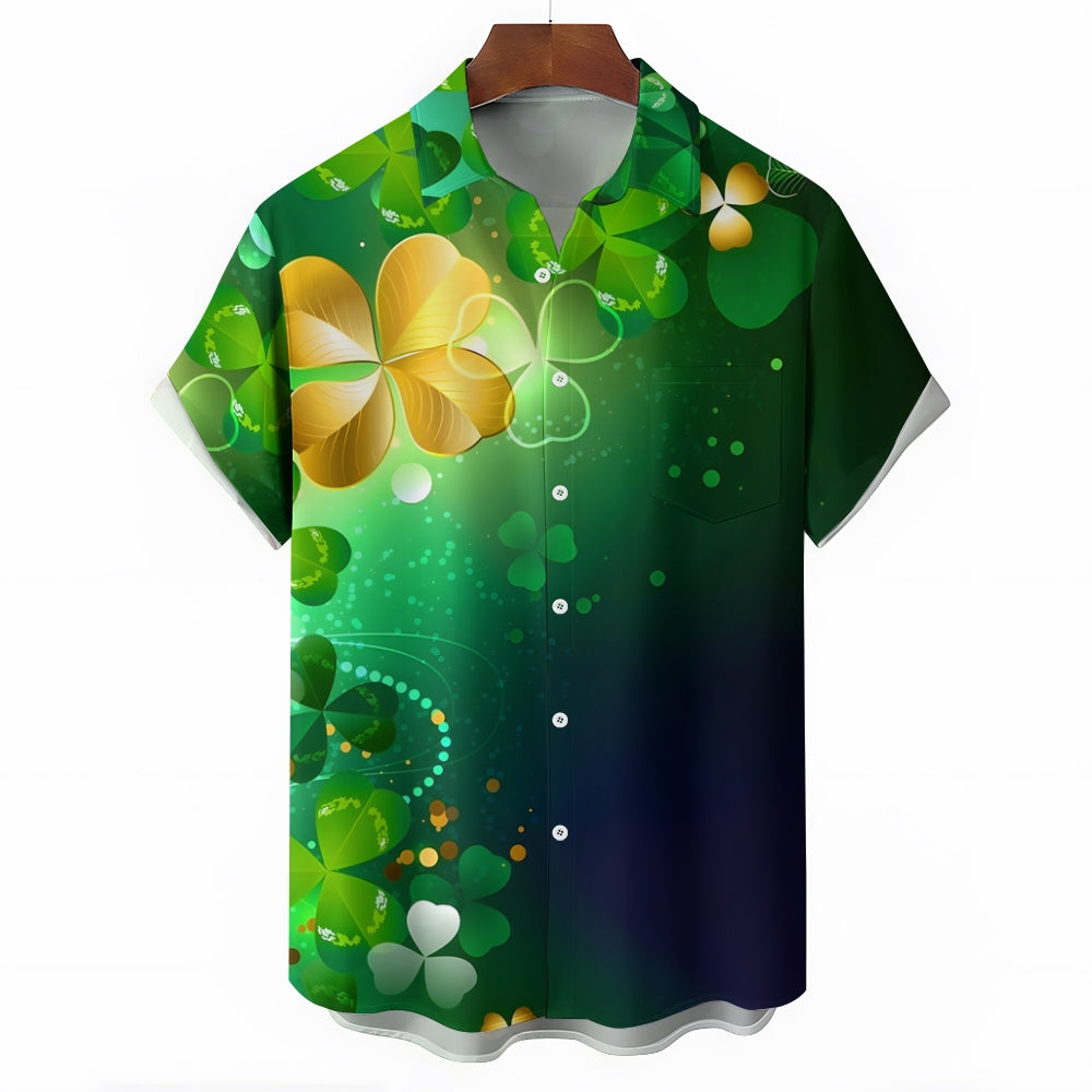 St. Patrick's Day Four-Leaf Clover Print Casual Shirt 2412006491