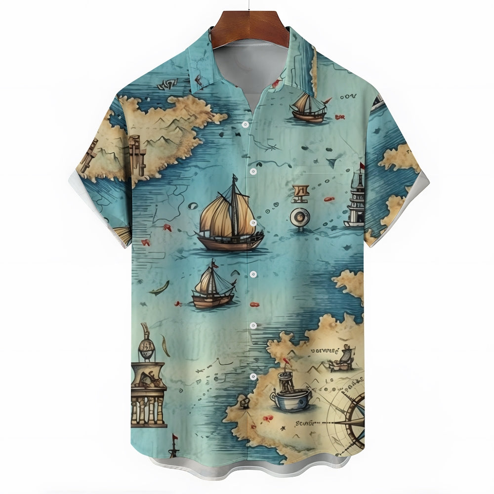 Nautical Sailboat Print Chest Pocket Short Sleeve Shirt 2411006006