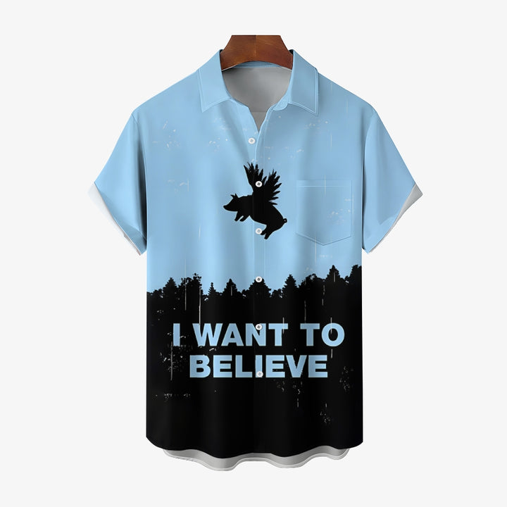 I WANT TO BELIEVE Flying Pig Print Short Sleeve Shirt 2407005314