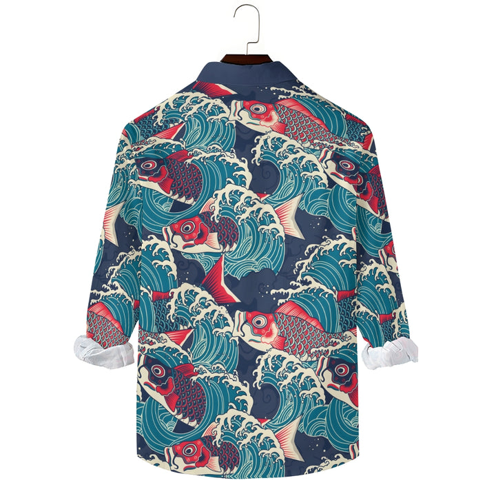 Men's Casual Ukiyo-E Art Style Koi Fish Printed Long Sleeve Shirt 2403000598