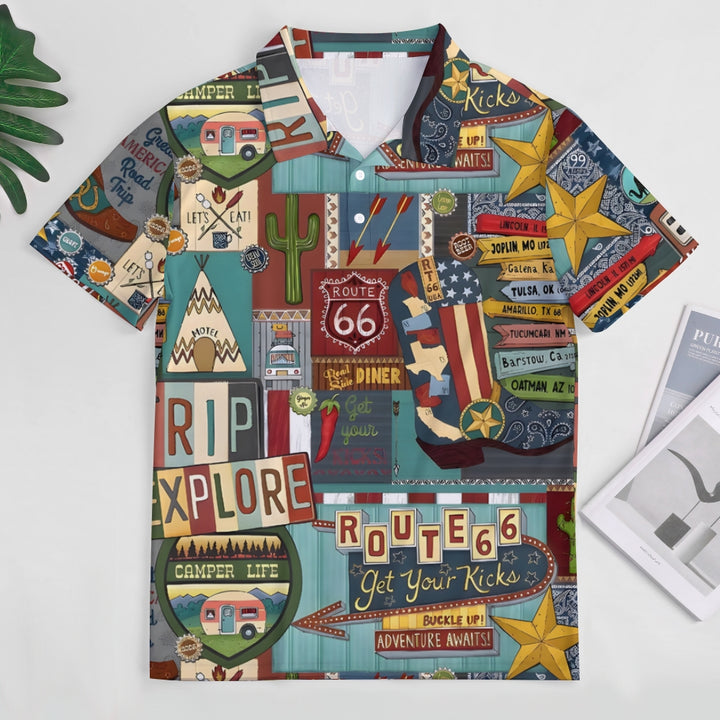 Route 66 Letter Print Pattern Fashion Short Sleeve Polo 2404001478