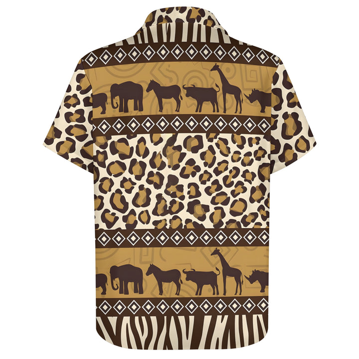 African Savannah Wildlife Print Casual Short Sleeve Shirt 2404001397