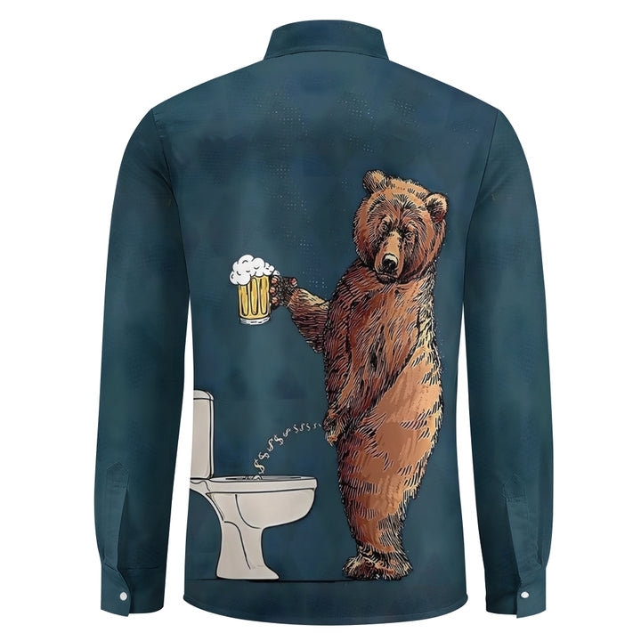 Fun Bear Beer Print Casual Long Sleeve Shirt