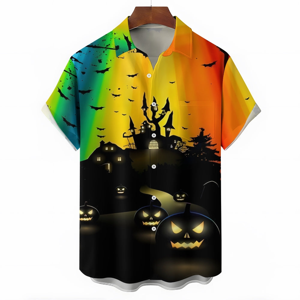 Halloween Castle Print Rainbow Casual Short Sleeve Shirt 2408007709