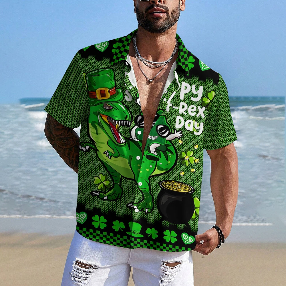 Four Leaf Clover Happy St. Patrick's Day Dinosaur Print Short Sleeve Shirt 2411002288