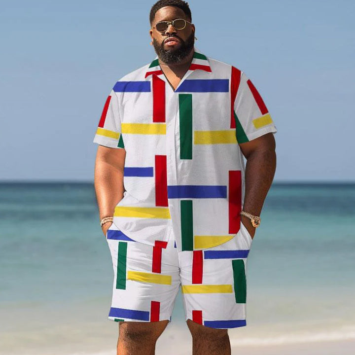 Men's Plus Size Hawaiian Color Strip Print Shirt Shorts Suit
