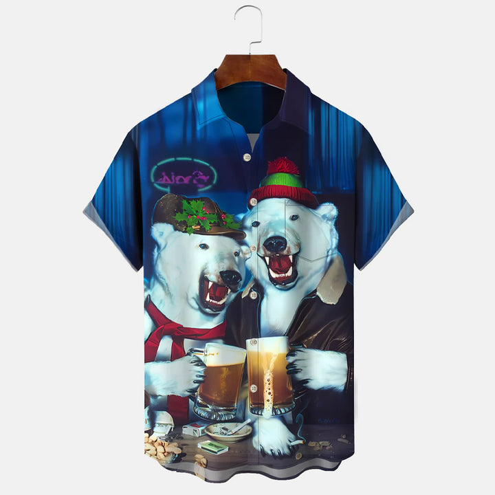 Animal Beer Button Casual Short Sleeve Shirt