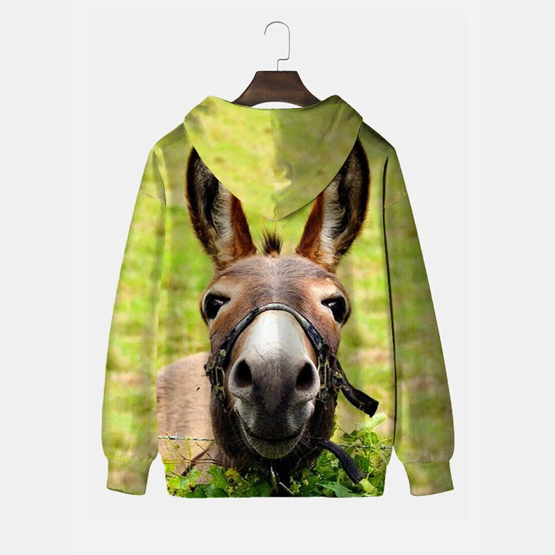 Green Grass Funny Farm Donkey Portrait Printing Hooded