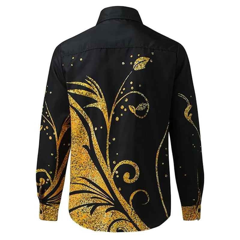 Men's Black Gold Floral Print Stretch Long Sleeve Shirt