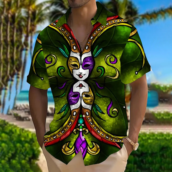 Men's Mardi Gras Graphic Print Short Sleeve Button Down Shirt