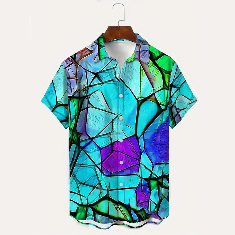 Men's Novelty 3D Geometric Pattern Print Short Sleeve Lapel Shirt