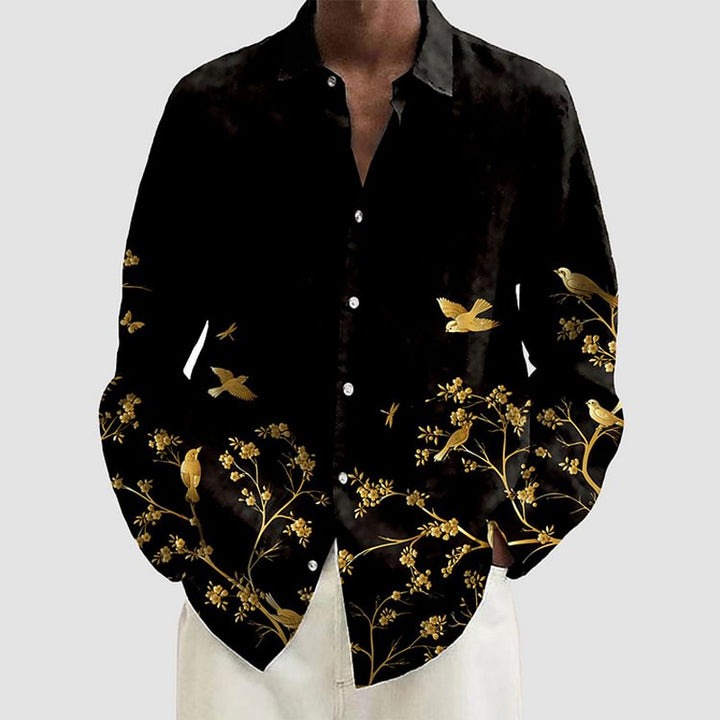 Retro Golden Art Print Long Sleeve Hawaiian Shirt