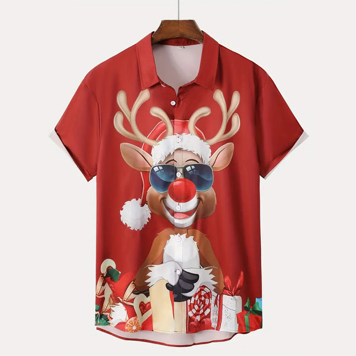 Men's Christmas Reindeer Print Short Sleeve Shirt