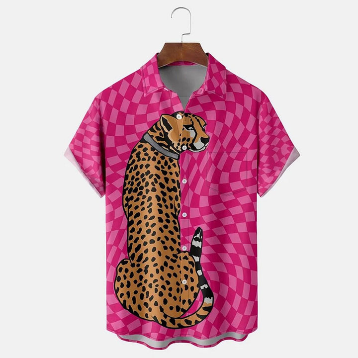 Leopard Checkerboard Print Casual Short Sleeve Shirt