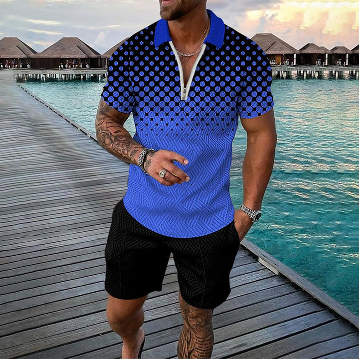 Men's crew neck luxury texture Color Block printed short sleeved suit