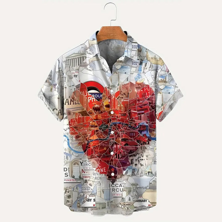 Men's Heart Print Casual Short Sleeve Shirt