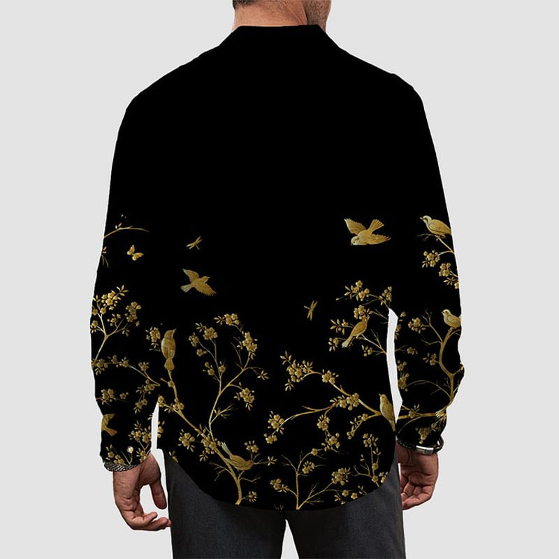 Retro Golden Art Print Long Sleeve Hawaiian Shirt