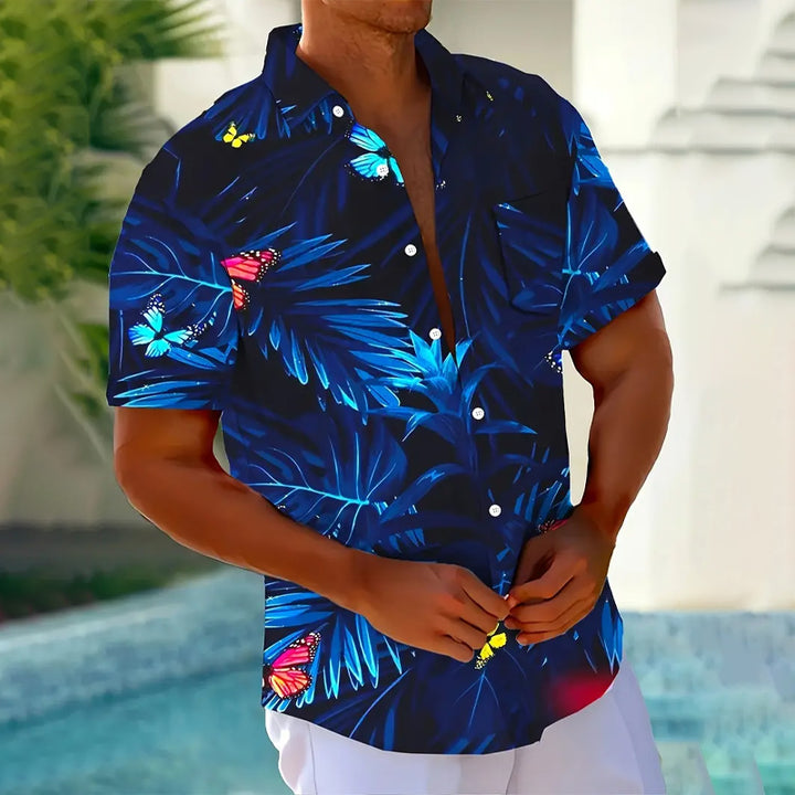 Men's Hawaiian Butterfly Floral Print Short Sleeve Shirt