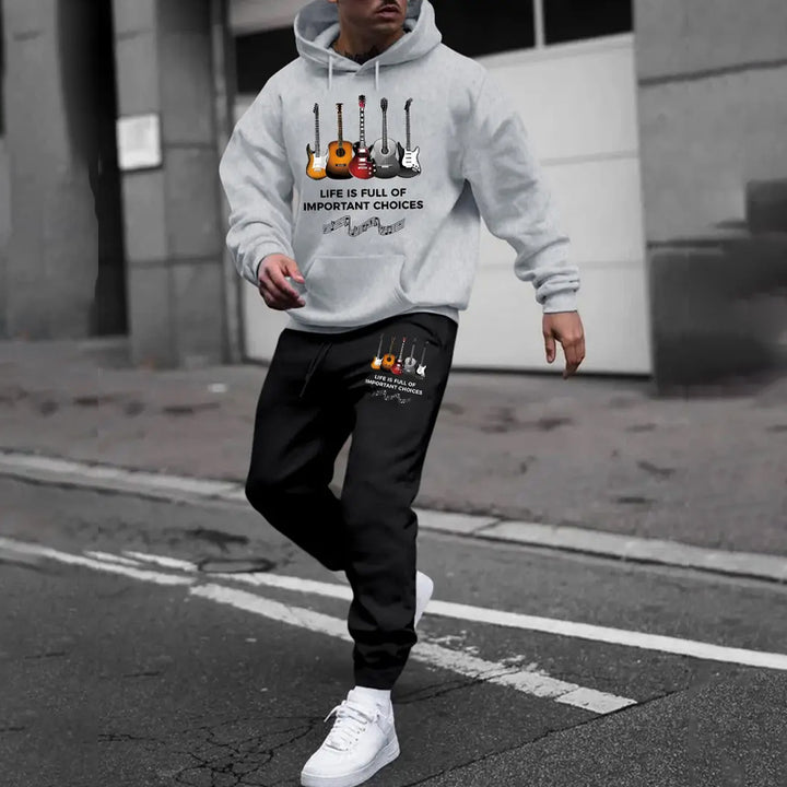 Men's Guitar Print Hooded Sweatshirt & Pants Set