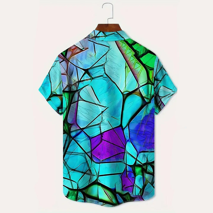 Men's Novelty 3D Geometric Pattern Print Short Sleeve Lapel Shirt