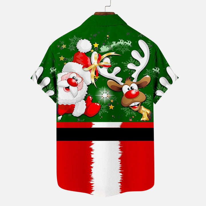 Christmas Santa Claus and Elk Patchwork Short Sleeve Shirt