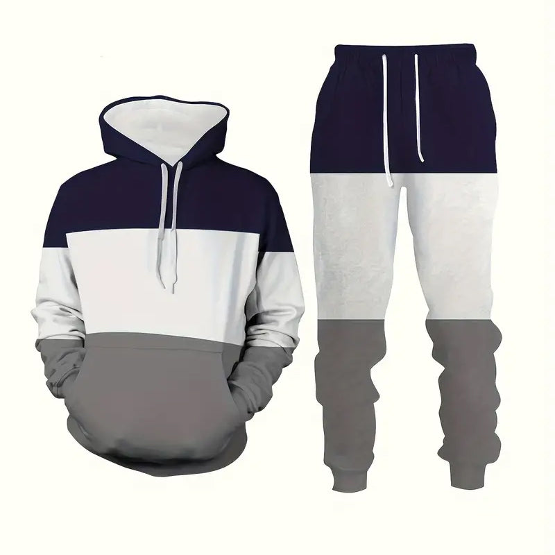 Men's Color Block Printed Casual Hoodie Set