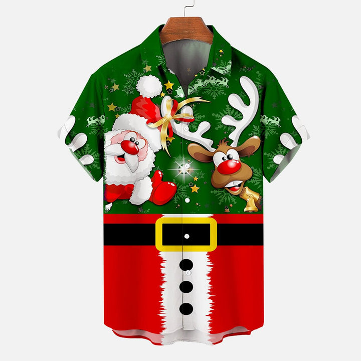 Christmas Santa Claus and Elk Patchwork Short Sleeve Shirt