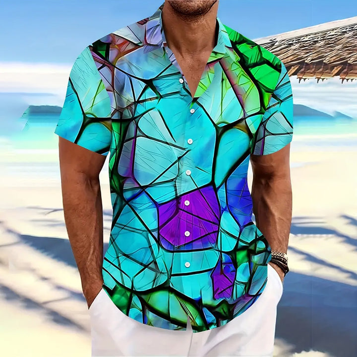 Men's Novelty 3D Geometric Pattern Print Short Sleeve Lapel Shirt