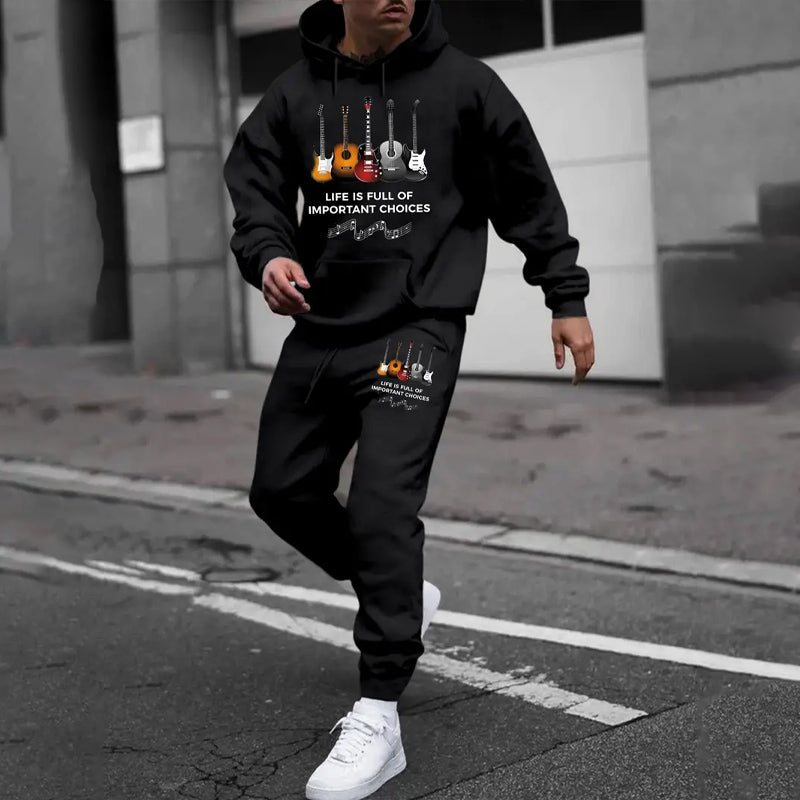 Men's Guitar Print Hooded Sweatshirt & Pants Set