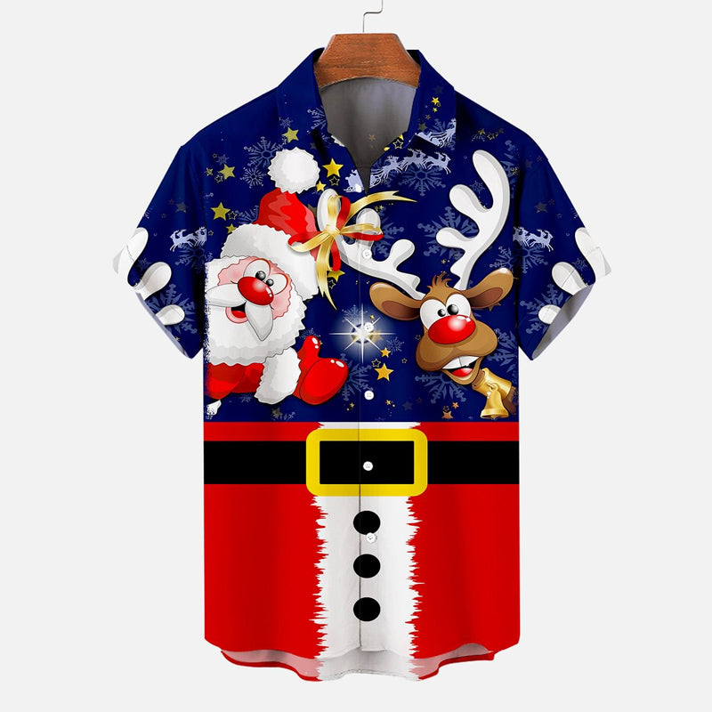 Christmas Santa Claus and Elk Patchwork Short Sleeve Shirt