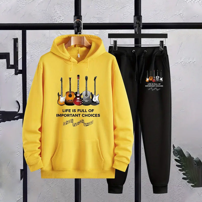 Men's Guitar Print Hooded Sweatshirt & Pants Set