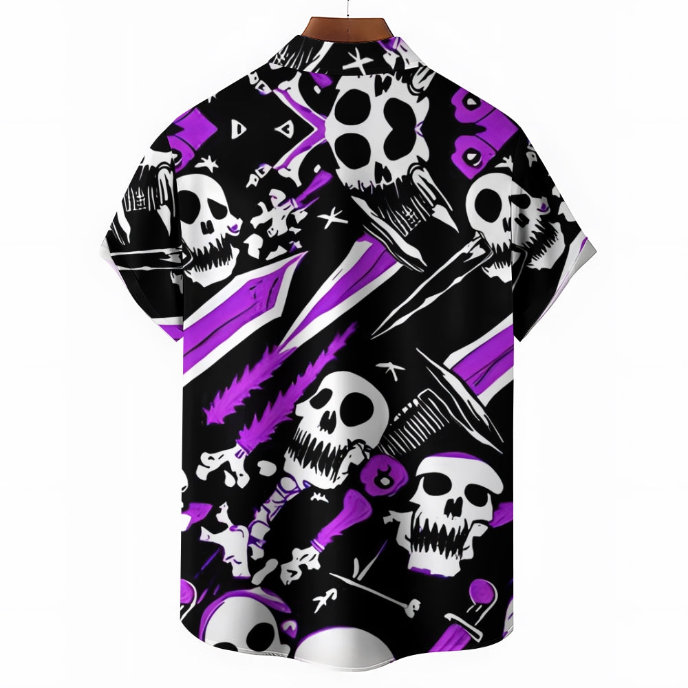 Skull and Sword Print Chest Pocket Short Sleeve Shirt 2411006380