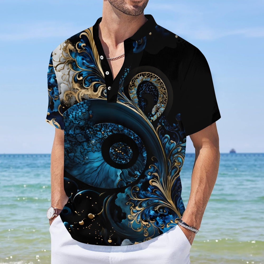 Hawaiian Gilded Art Floral Print Comfortable And Breathable Short-Sleeved T-Shirt With Linen Stand Collar And Half Placket 2404001734