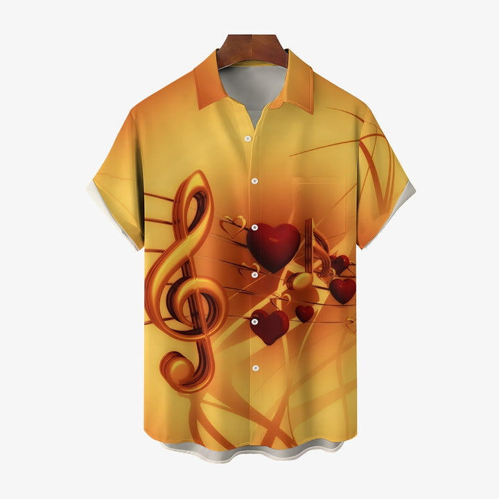 Retro Music Note Heart Print Casual Short Sleeve Shirt 2408004529