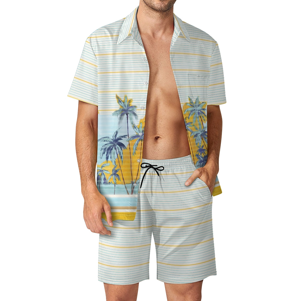 Men's Hawaiian Coconut Stripes Print Beach Two-Piece Suit 2403000603