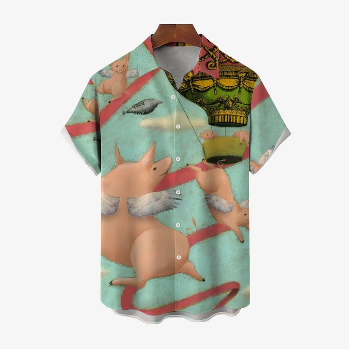 Flying Pig Cartoon Print Casual Large Size Short Sleeve Shirt 2407005322