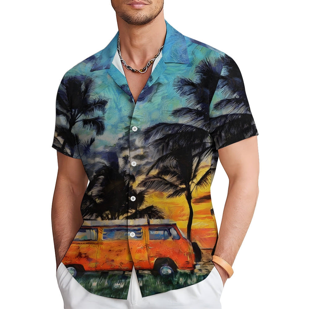 Coconut Tree And Bus Print Casual Short Sleeve Shirt 2412003116