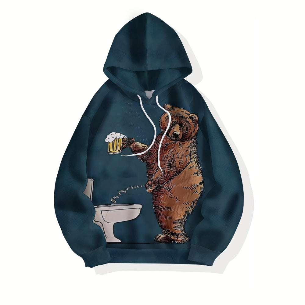 Fun Bear Beer Print Casual Long Sleeve Hooded Sweatshirt