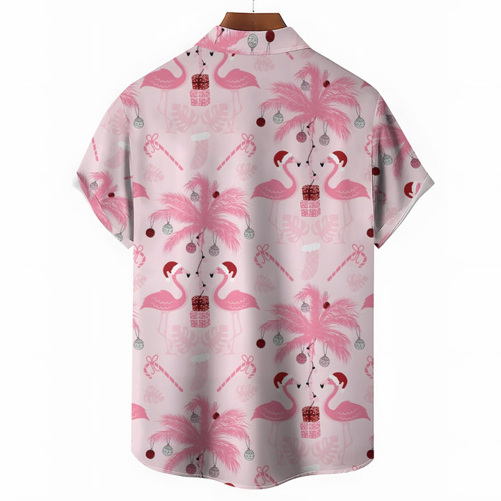 Christmas Flamingo With Hat Print Short Sleeve Shirt 2410002074