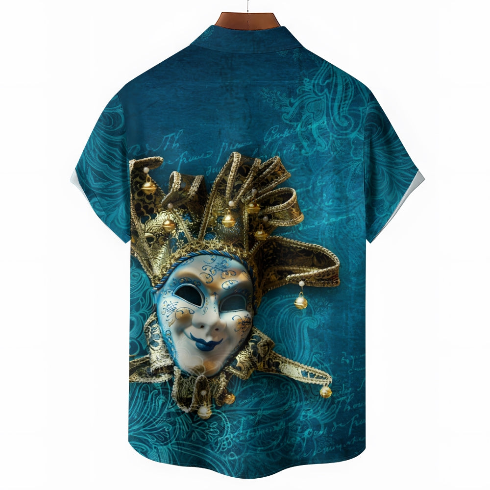 Men's Mardi Gras Mask Print Short Sleeve Shirt 2412007596